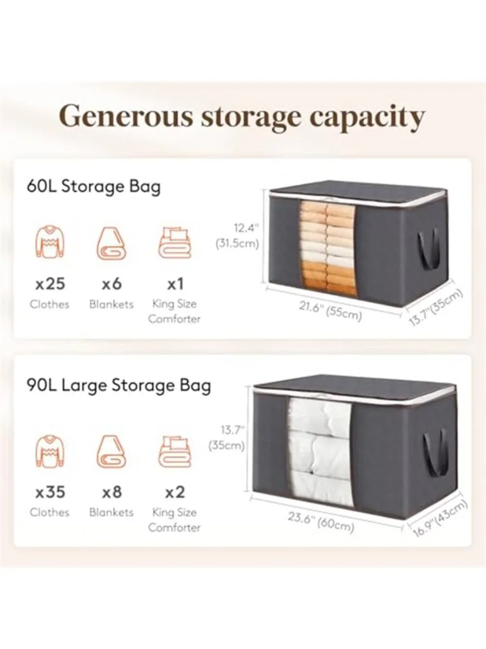6 Pack Clothes Storage Bins with Lids, Foldable Blanket Storage Bags 60 L